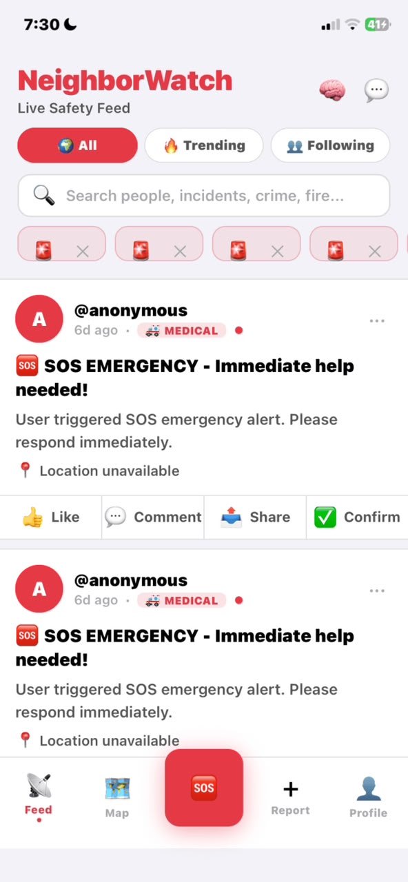 Sovereign app live safety feed showing an SOS emergency alert
